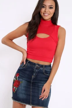 Rebellious Fashion Red High Neck Cut Out Ribbed Crop Top - Jessica