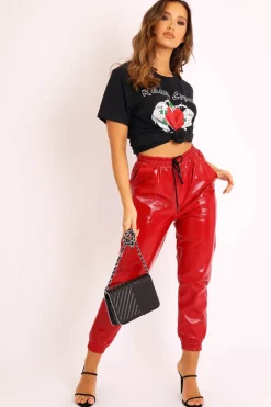 Rebellious Fashion Red High Shine Drawstring Waist Joggers - Faye