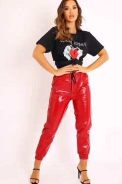 Rebellious Fashion Red High Shine Drawstring Waist Joggers - Faye