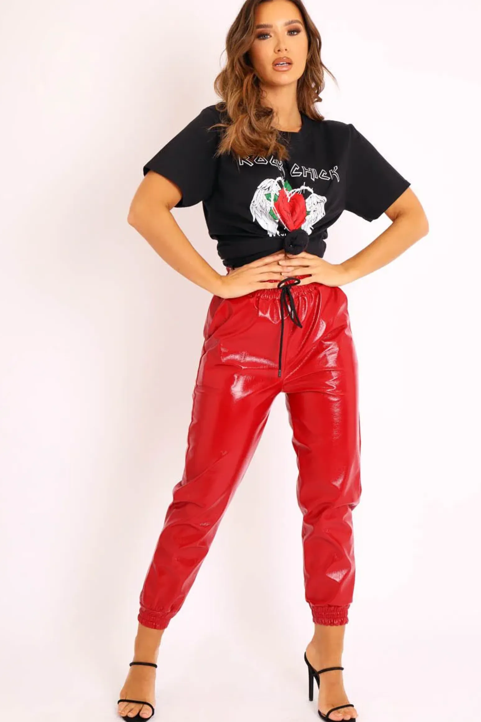 Rebellious Fashion Red High Shine Drawstring Waist Joggers - Faye
