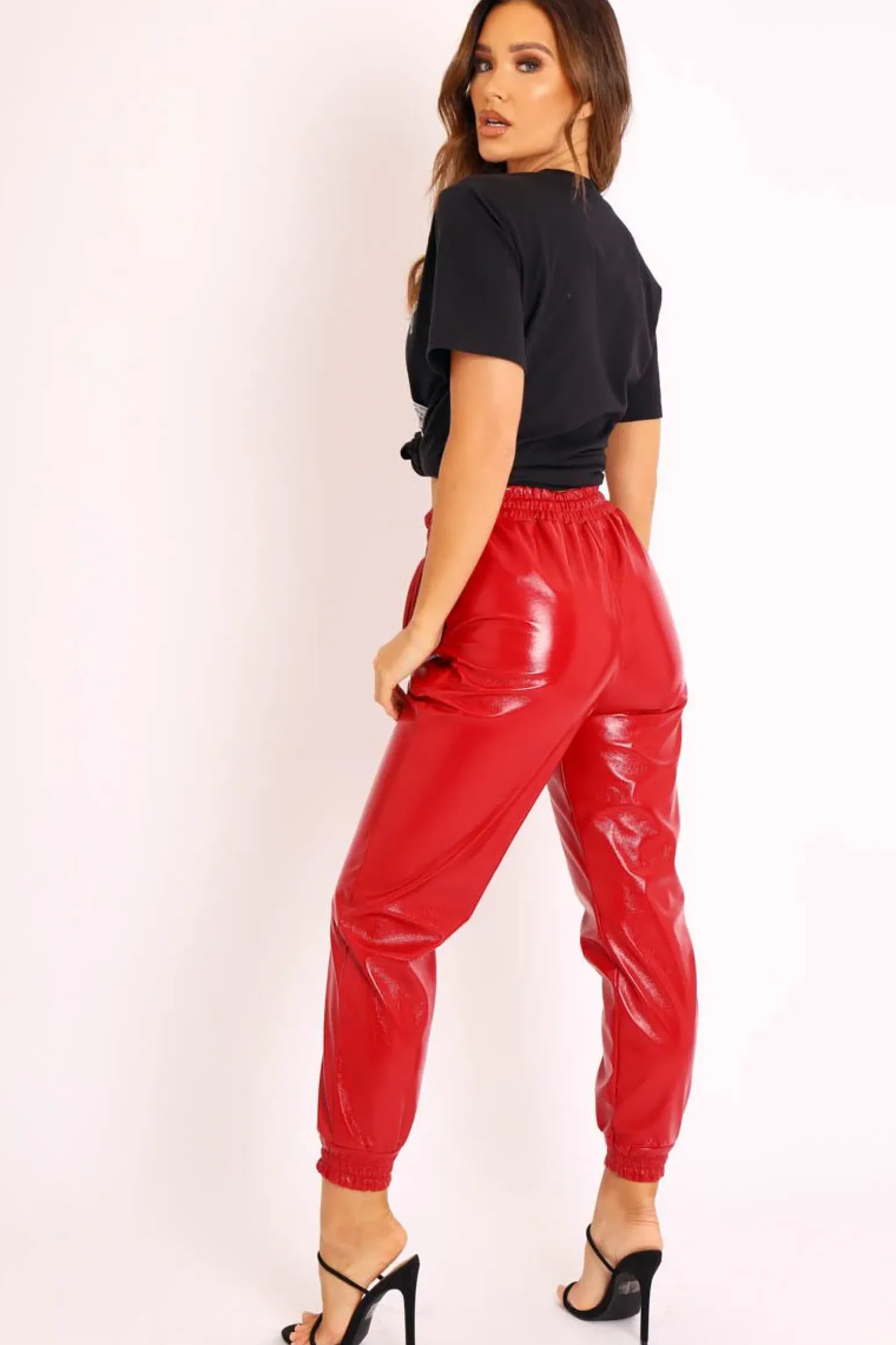Rebellious Fashion Red High Shine Drawstring Waist Joggers - Faye