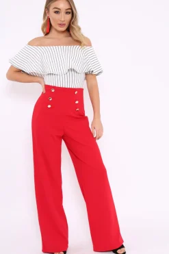 Rebellious Fashion Red High Waist Button Front Wide Leg Trousers - Juna