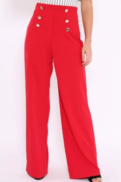 Rebellious Fashion Red High Waist Button Front Wide Leg Trousers - Juna