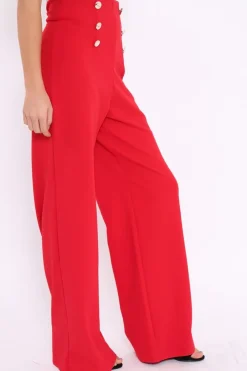Rebellious Fashion Red High Waist Button Front Wide Leg Trousers - Juna
