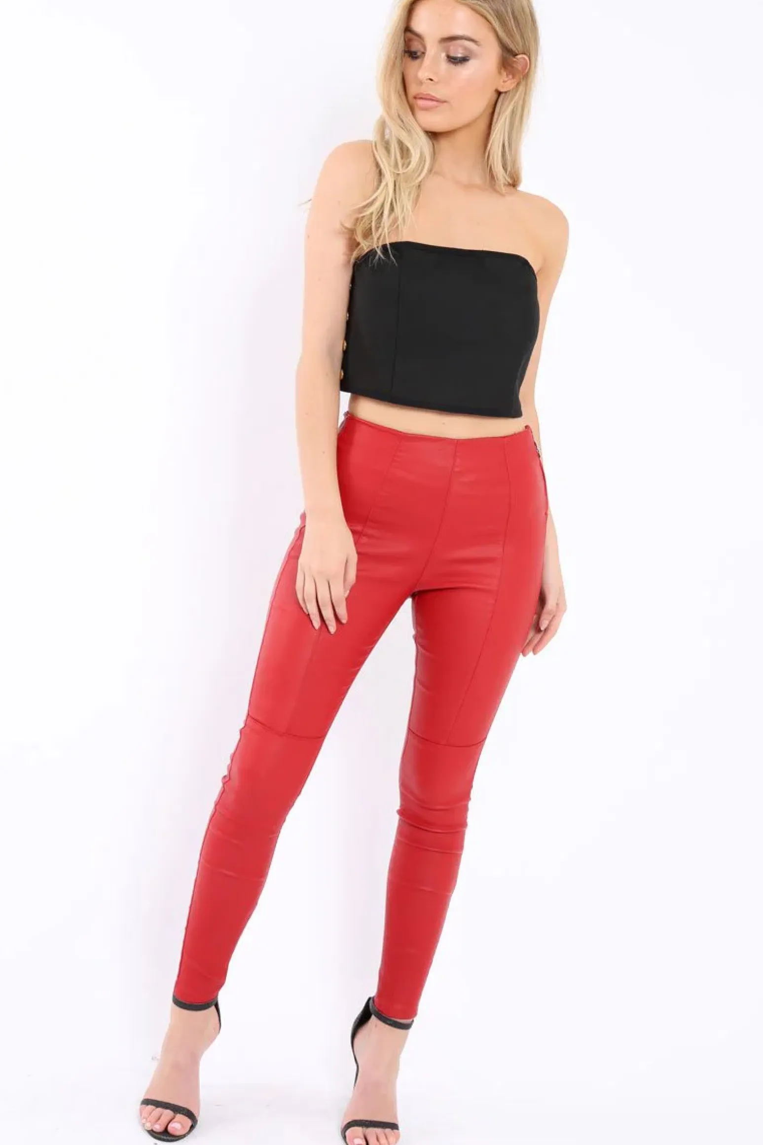 Rebellious Fashion Red High Waist Coated Skinny Jeans - Nicci