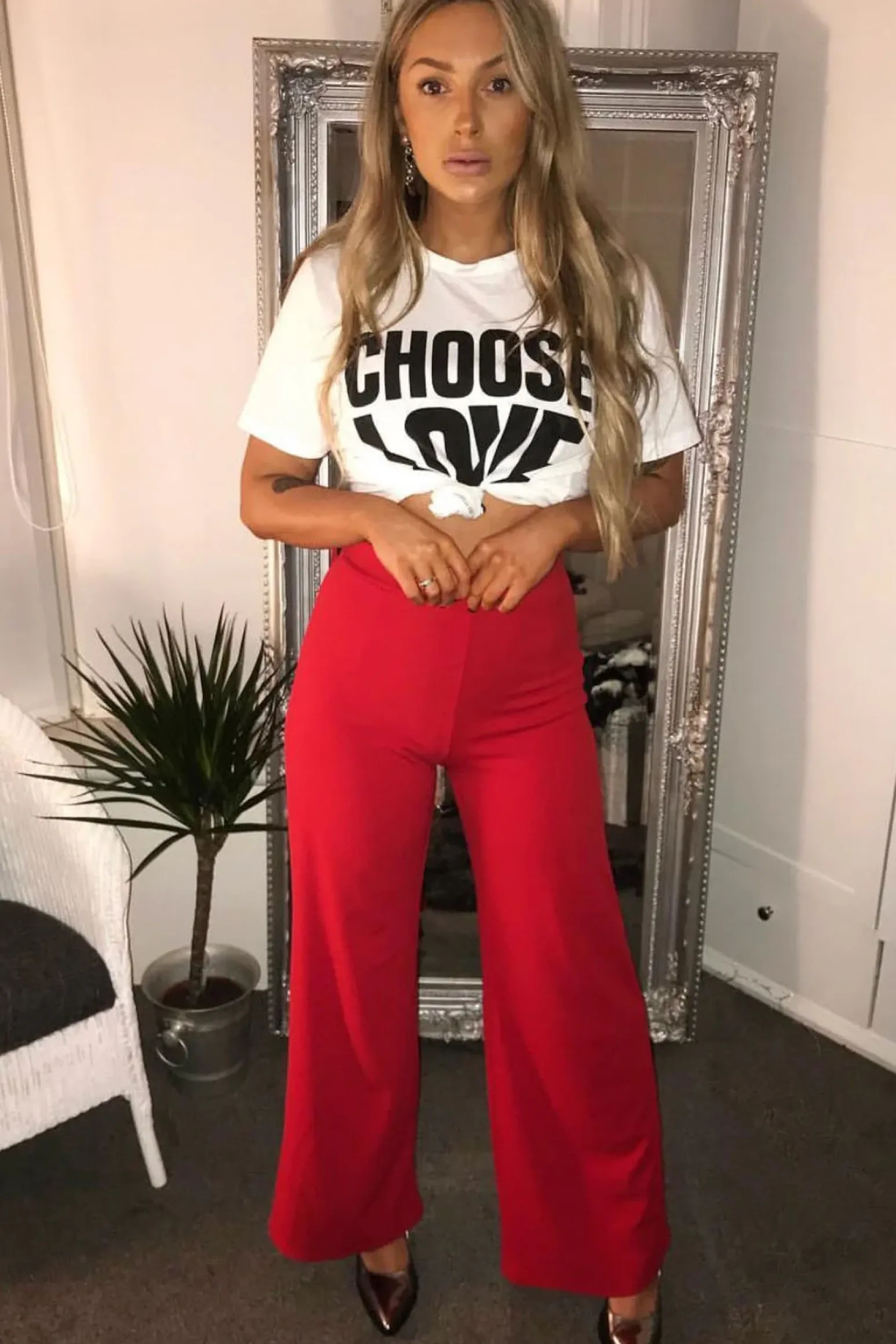 Rebellious Fashion Red High Waisted Flare Trousers - Kym