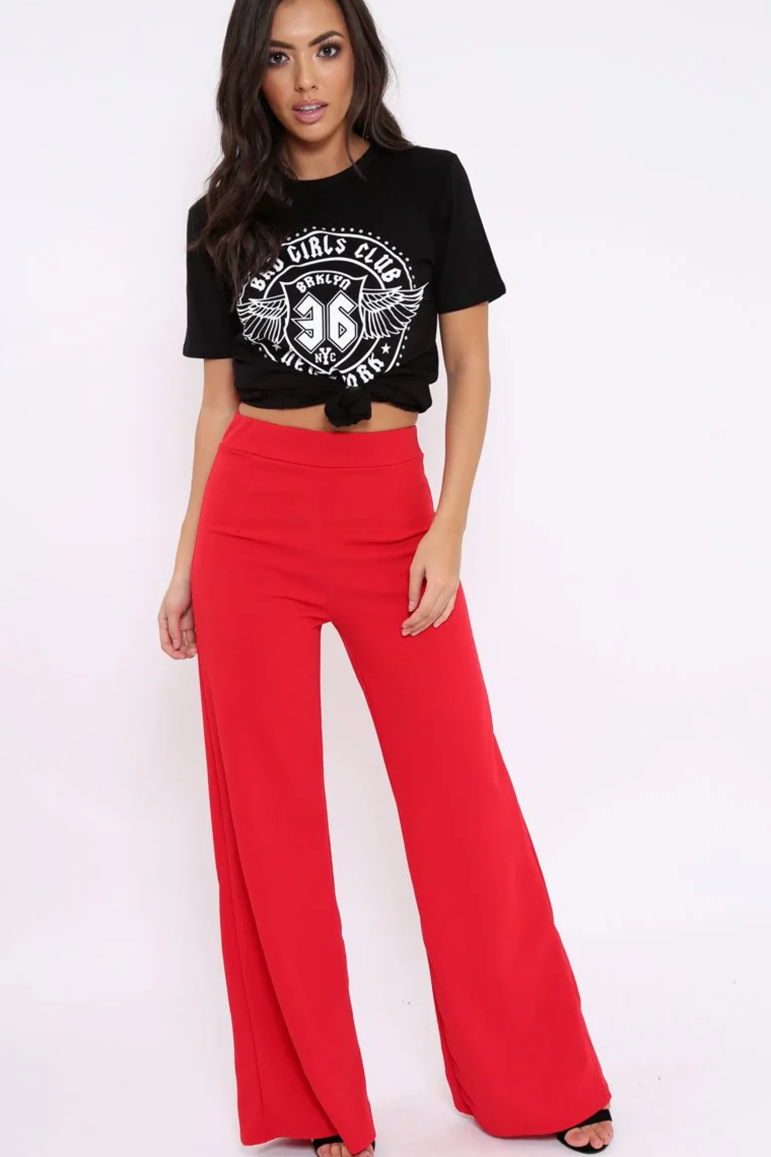 Rebellious Fashion Red High Waisted Flare Trousers - Kym