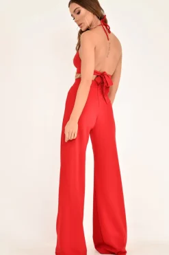 Rebellious Fashion Red High Waisted Wide Leg Button Front Trousers - Gidget