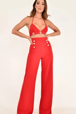Rebellious Fashion Red High Waisted Wide Leg Button Front Trousers - Gidget
