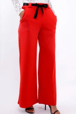 Rebellious Fashion Red High Waist Flare Trousers with Black Sash Belt - Lila