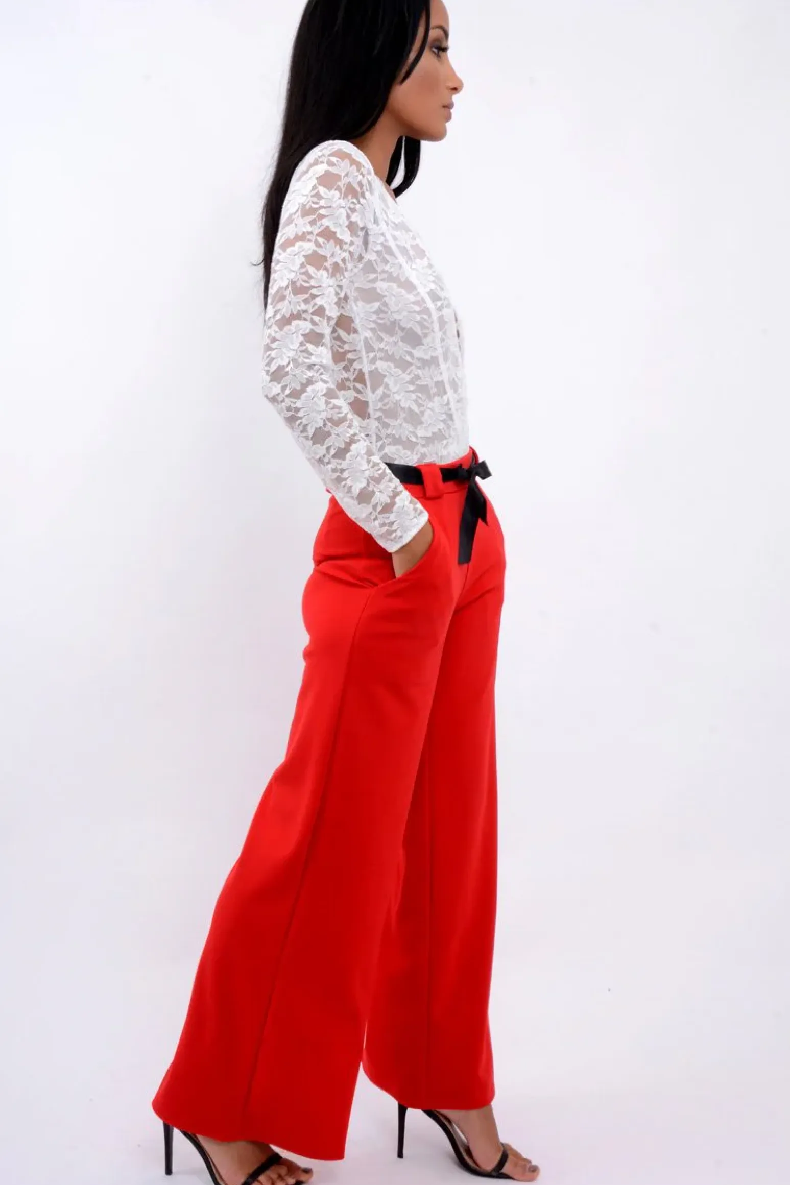Rebellious Fashion Red High Waist Flare Trousers with Black Sash Belt - Lila