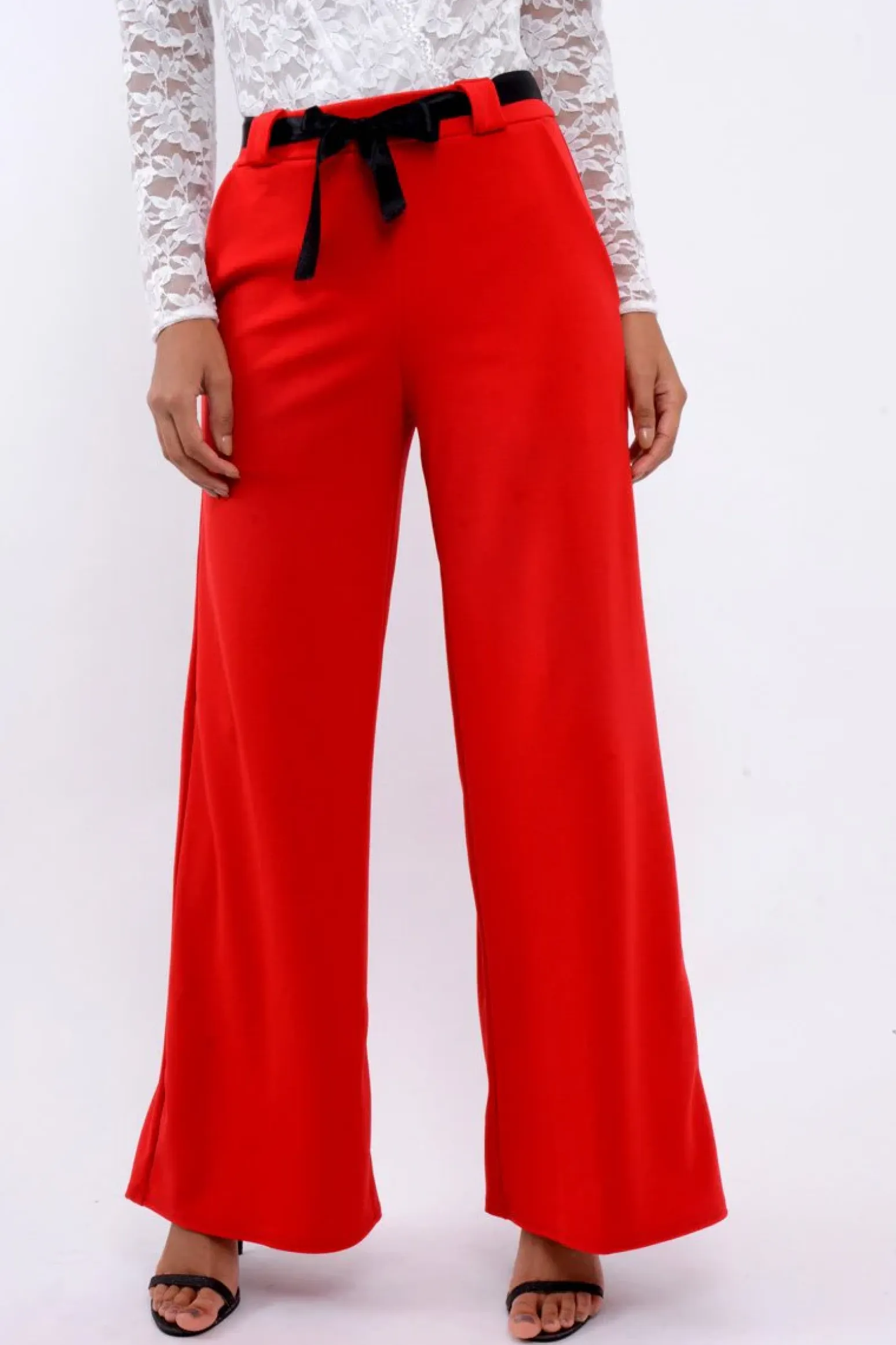 Rebellious Fashion Red High Waist Flare Trousers with Black Sash Belt - Lila