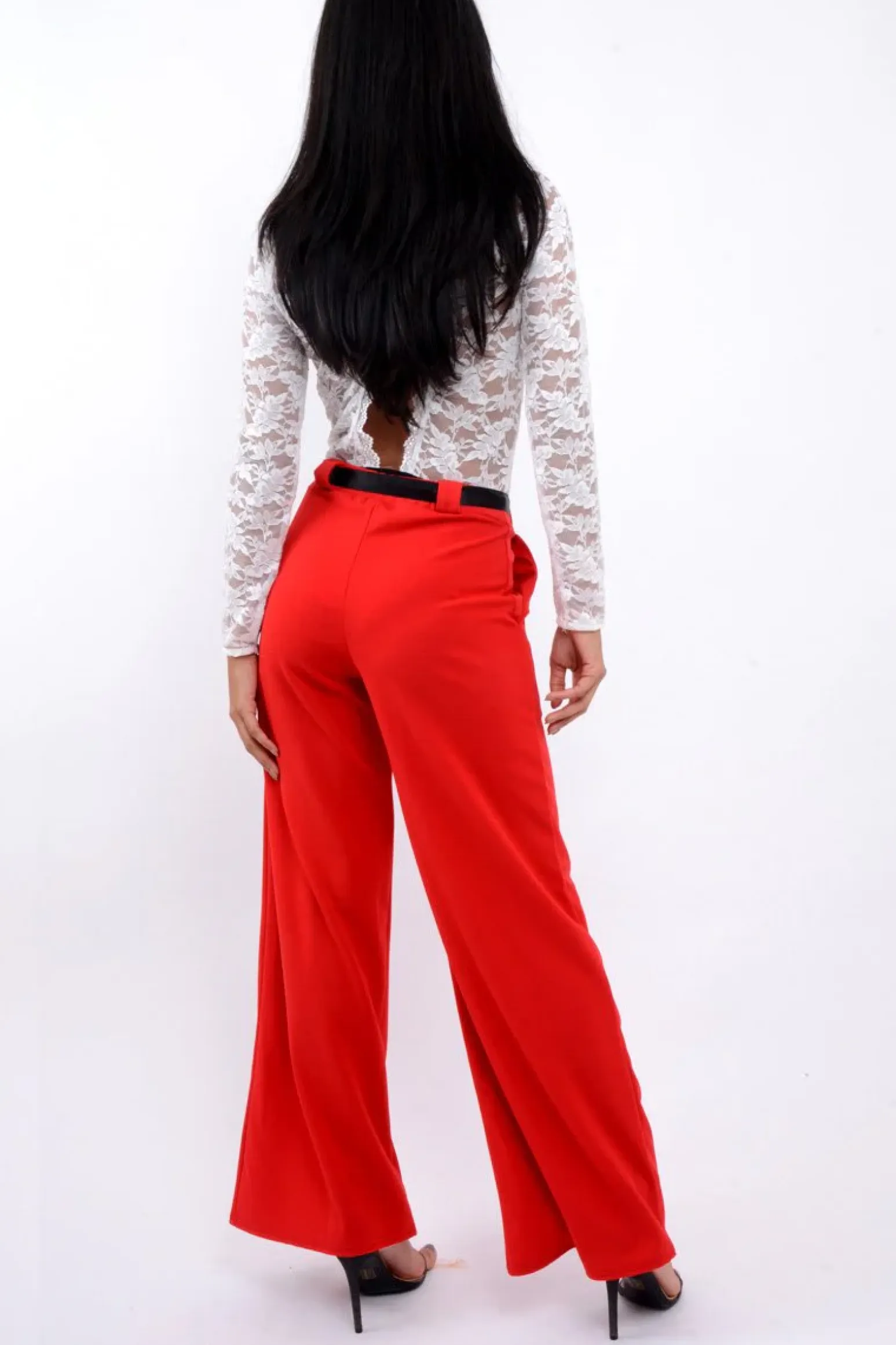 Rebellious Fashion Red High Waist Flare Trousers with Black Sash Belt - Lila