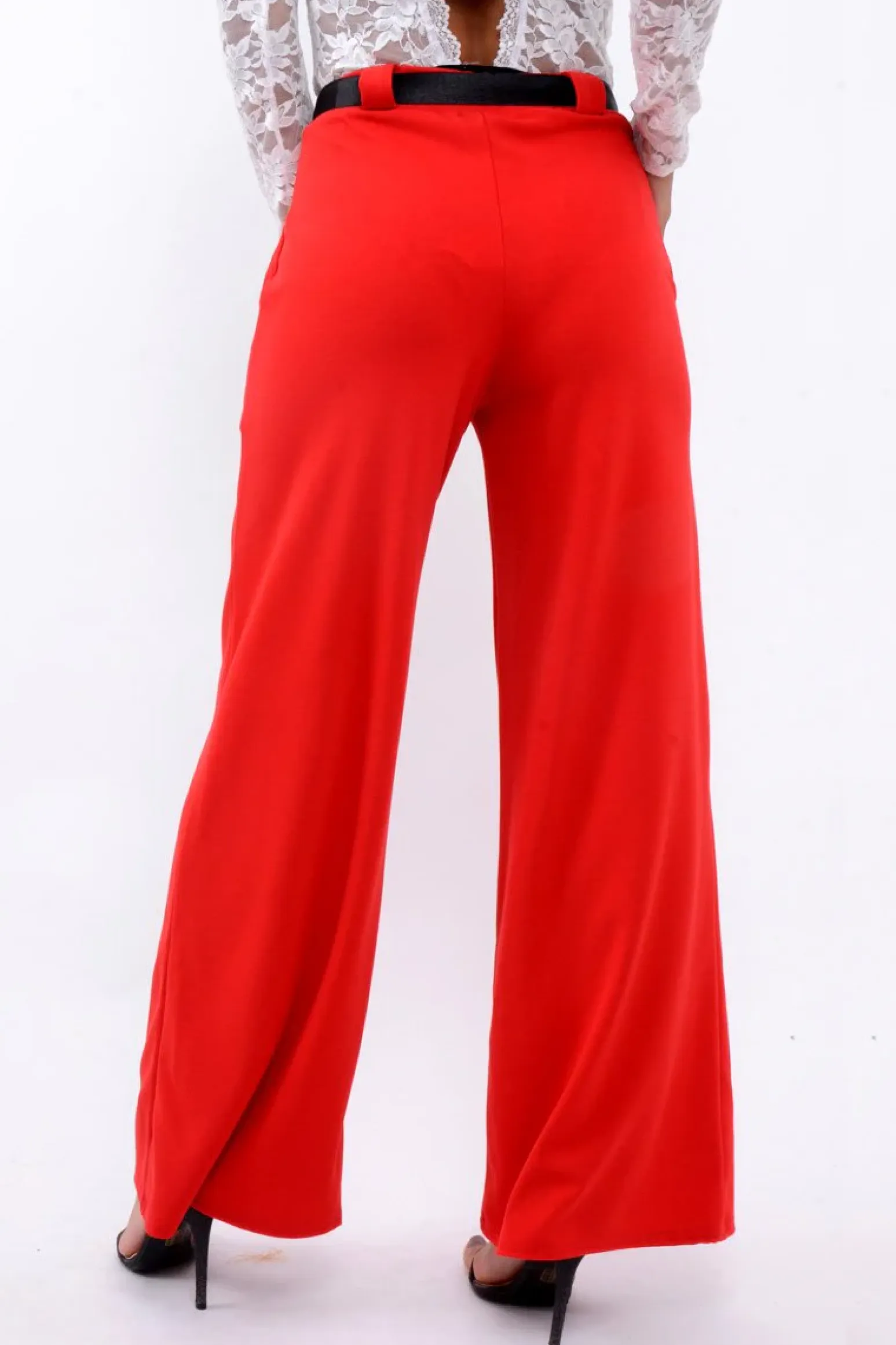 Rebellious Fashion Red High Waist Flare Trousers with Black Sash Belt - Lila