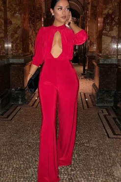 Rebellious Fashion Red Keyhole Front Wide Leg Jumpsuit - Louna