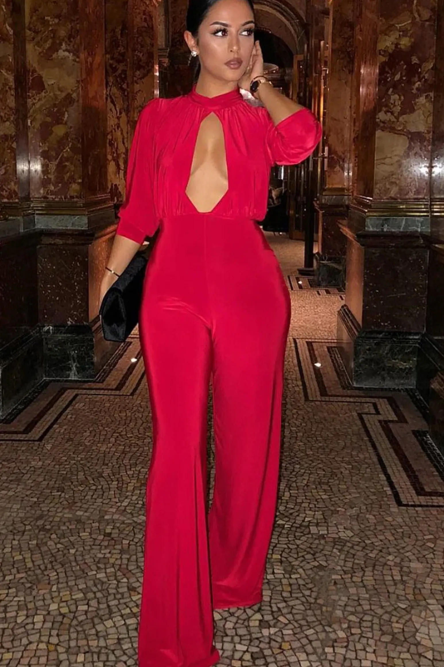 Rebellious Fashion Red Keyhole Front Wide Leg Jumpsuit - Louna