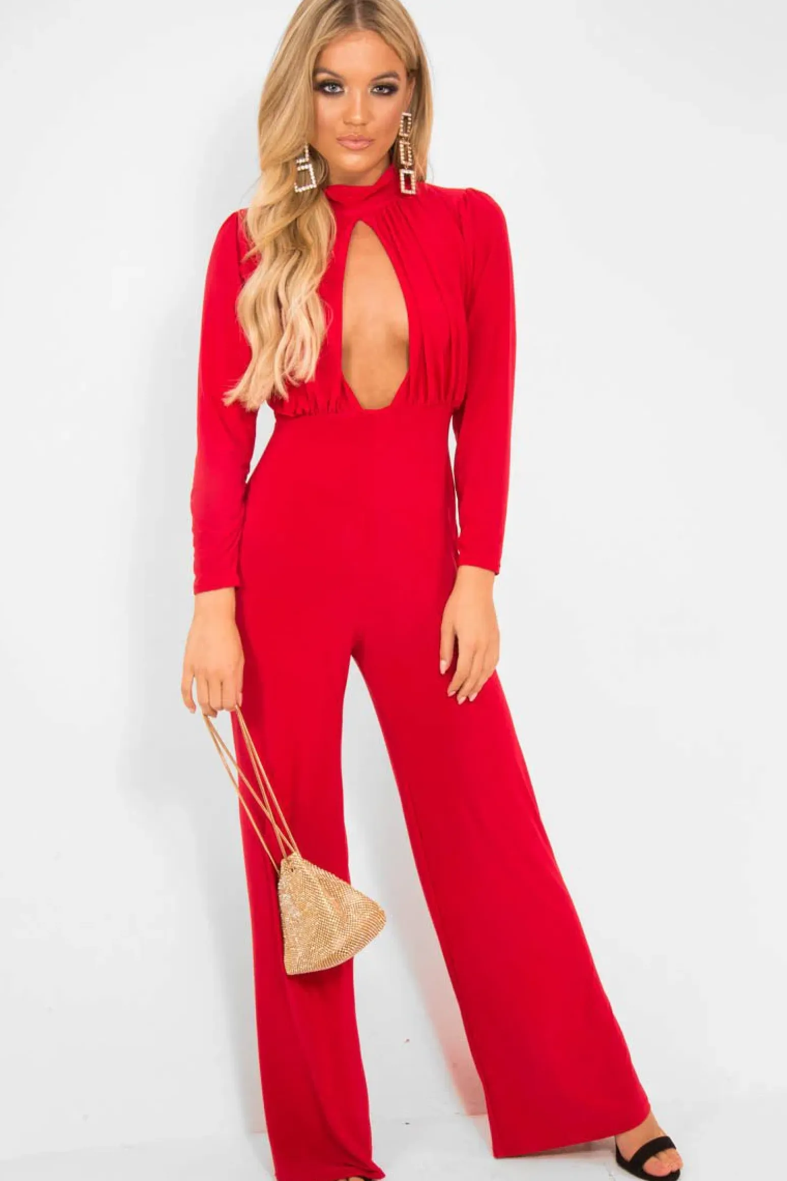 Rebellious Fashion Red Keyhole Front Wide Leg Jumpsuit - Louna