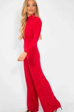 Rebellious Fashion Red Keyhole Front Wide Leg Jumpsuit - Louna