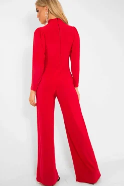 Rebellious Fashion Red Keyhole Front Wide Leg Jumpsuit - Louna
