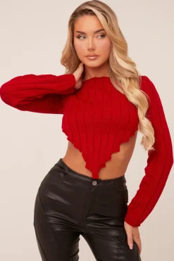 Rebellious Fashion Red Knit Asymmetric Hem Cropped Jumper - Prima