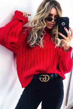 Rebellious Fashion Red Knit High Neck Jumper - Jaelynn
