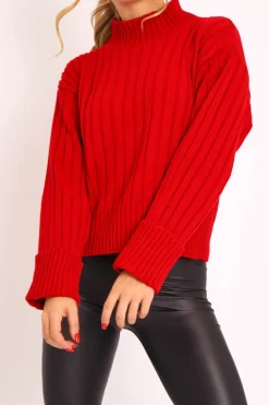 Rebellious Fashion Red Knit High Neck Jumper - Jaelynn