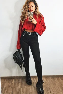 Rebellious Fashion Red Knit High Neck Jumper - Jaelynn