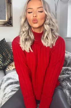 Rebellious Fashion Red Knit High Neck Jumper - Jaelynn