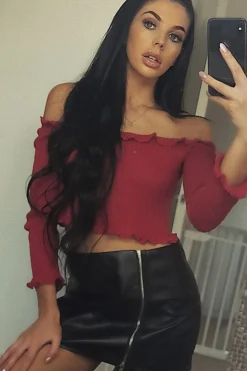 Rebellious Fashion Red Knitted Bardot Frill Crop Top - Kesia