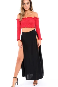 Rebellious Fashion Red Knitted Bardot Frill Crop Top - Kesia