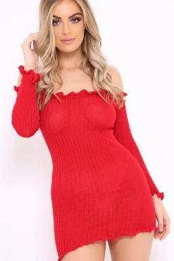 Rebellious Fashion Red Knitted Bardot Frill Dress - Leisha