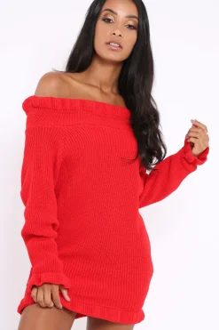 Rebellious Fashion Red Knitted Bardot Jumper Dress with Elasticated hems - Kirsty