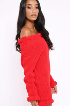 Rebellious Fashion Red Knitted Bardot Jumper Dress with Elasticated hems - Kirsty