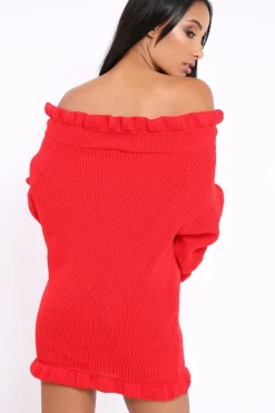 Rebellious Fashion Red Knitted Bardot Jumper Dress with Elasticated hems - Kirsty