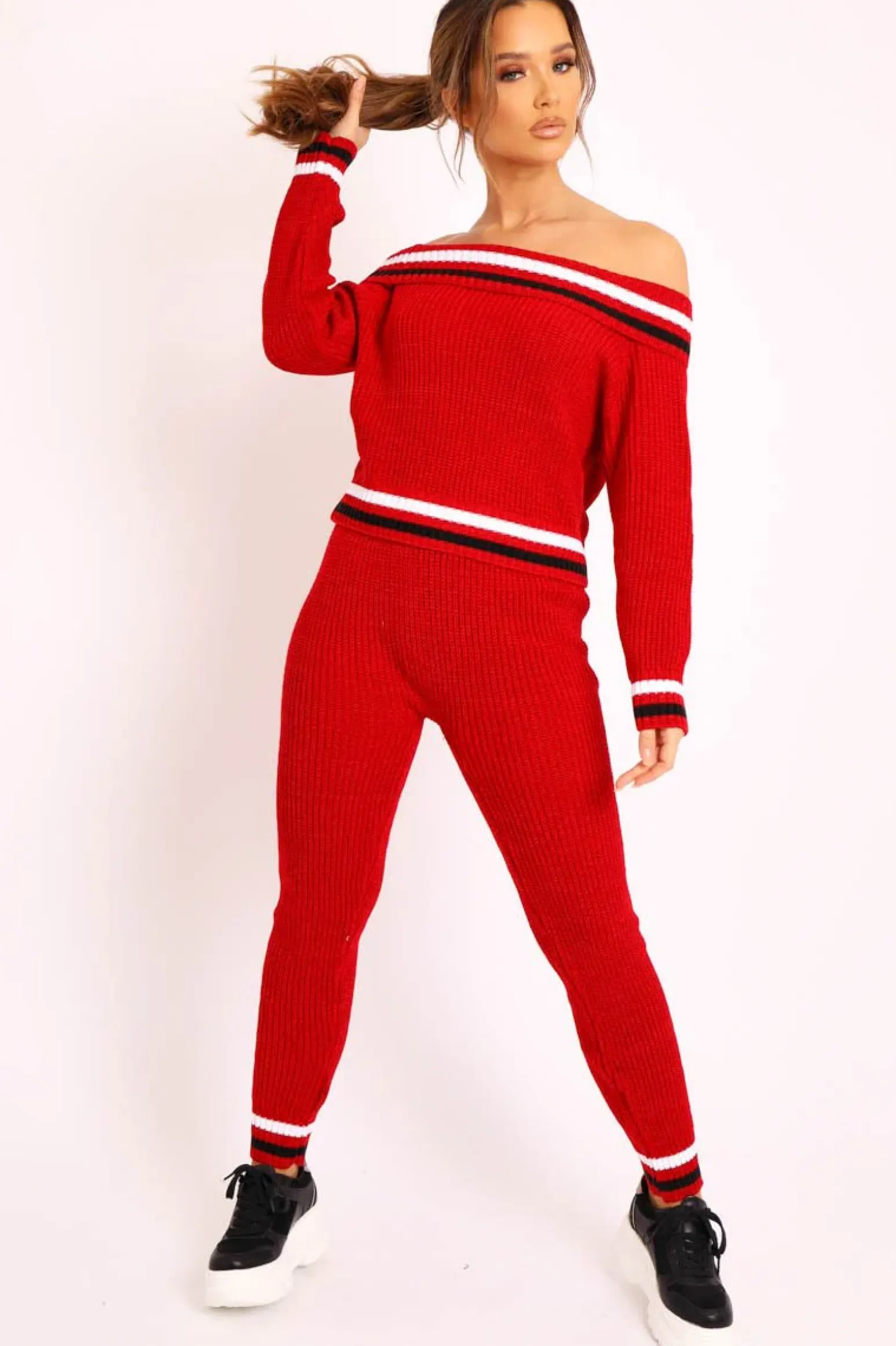 Rebellious Fashion Red Knitted Bardot Jumper Legging Loungewear Co-ord - Neala