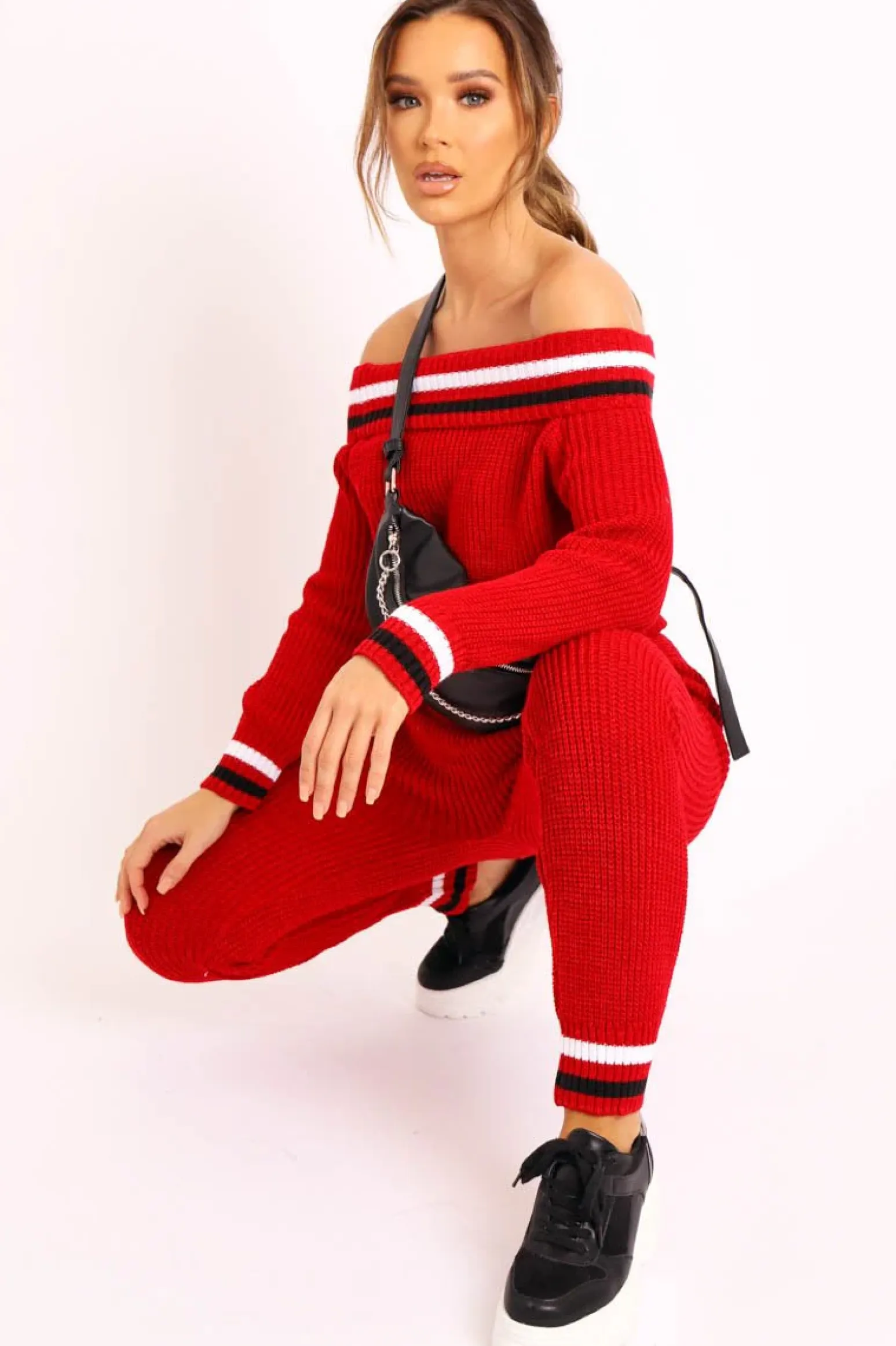 Rebellious Fashion Red Knitted Bardot Jumper Legging Loungewear Co-ord - Neala