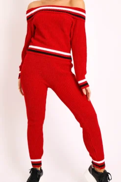 Rebellious Fashion Red Knitted Bardot Jumper Legging Loungewear Co-ord - Neala