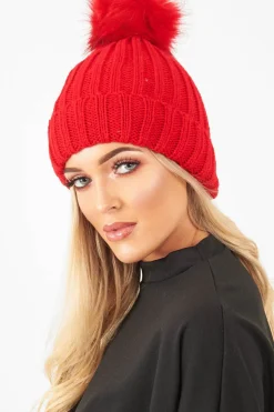 Rebellious Fashion Red Knitted Bobble Hat - Rorey