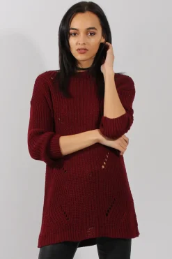Rebellious Fashion Red Knitted Distressed Back Jumper Dress - Cara
