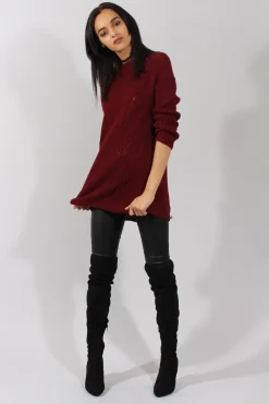 Rebellious Fashion Red Knitted Distressed Back Jumper Dress - Cara