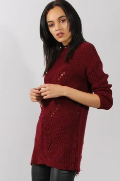 Rebellious Fashion Red Knitted Distressed Back Jumper Dress - Cara