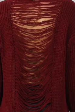 Rebellious Fashion Red Knitted Distressed Back Jumper Dress - Cara