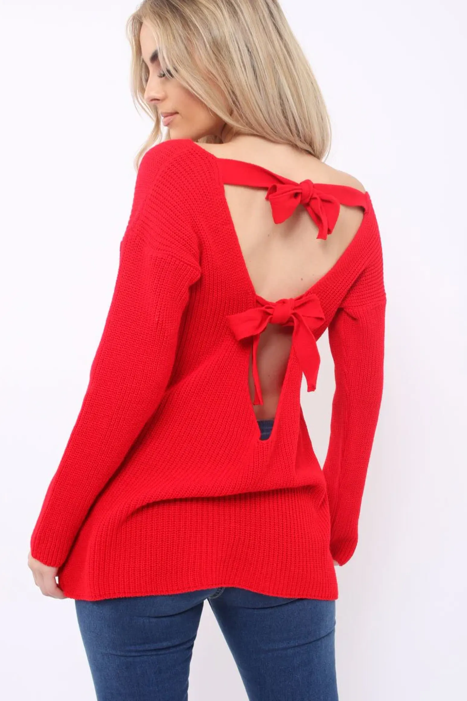 Rebellious Fashion Red Knitted Jumper with Bow Back - Oliviah