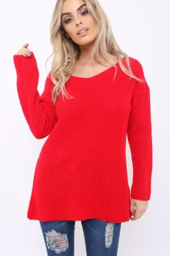 Rebellious Fashion Red Knitted Jumper with Bow Back - Oliviah