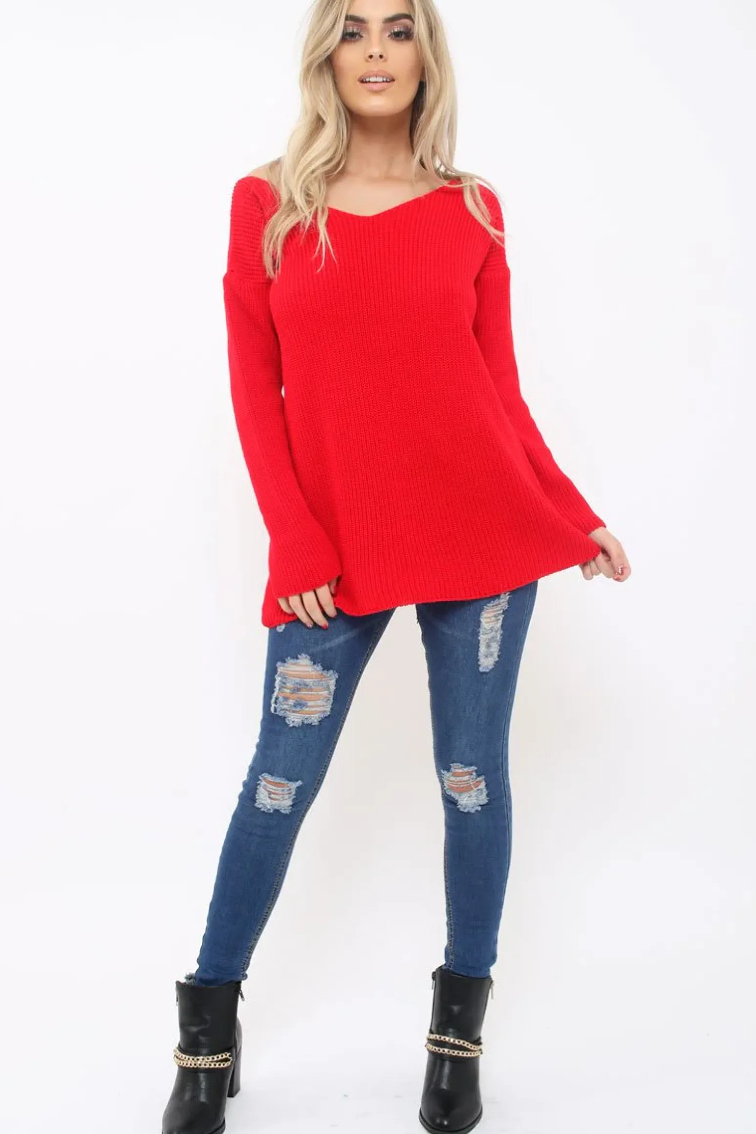 Rebellious Fashion Red Knitted Jumper with Bow Back - Oliviah