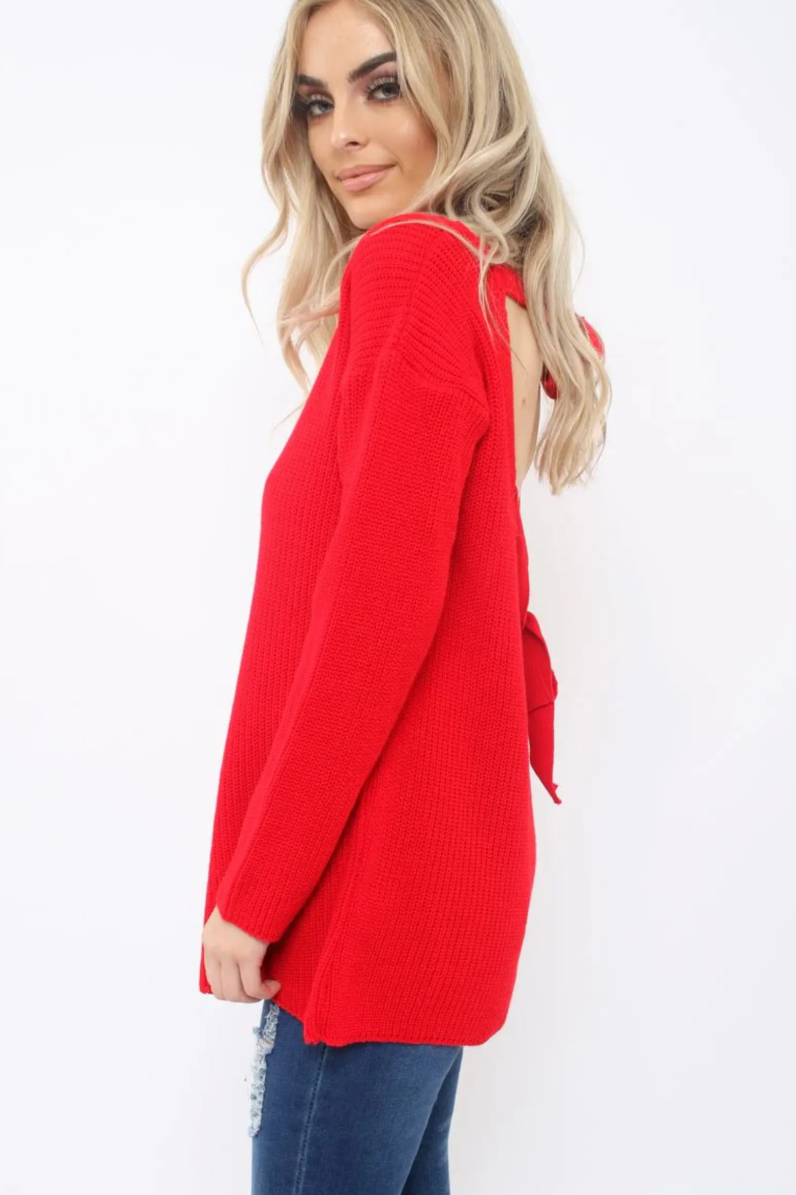 Rebellious Fashion Red Knitted Jumper with Bow Back - Oliviah