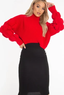 Rebellious Fashion Red Knitted Puff Arm High Neck Jumper - Lola
