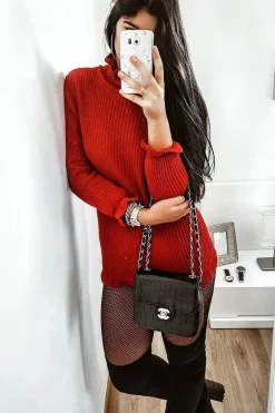 Rebellious Fashion Red Knitted Ruffle Jumper Dress with Elasticated hems - Velma