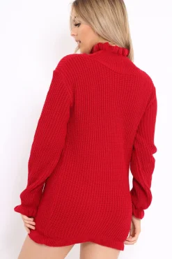 Rebellious Fashion Red Knitted Ruffle Jumper Dress with Elasticated hems - Velma