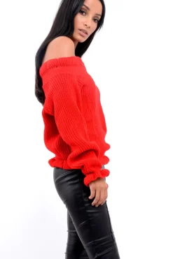 Rebellious Fashion Red Knitted Ruffle Jumper with Elasticated hems - Eve